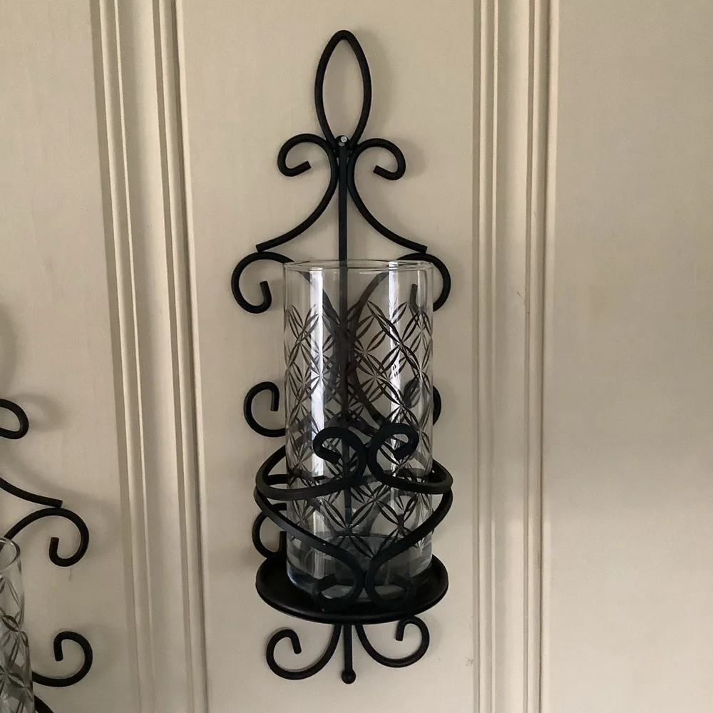 Vintage Black Coated Brass Swirl Wall Sconces Glass Candle Holders Candelabra